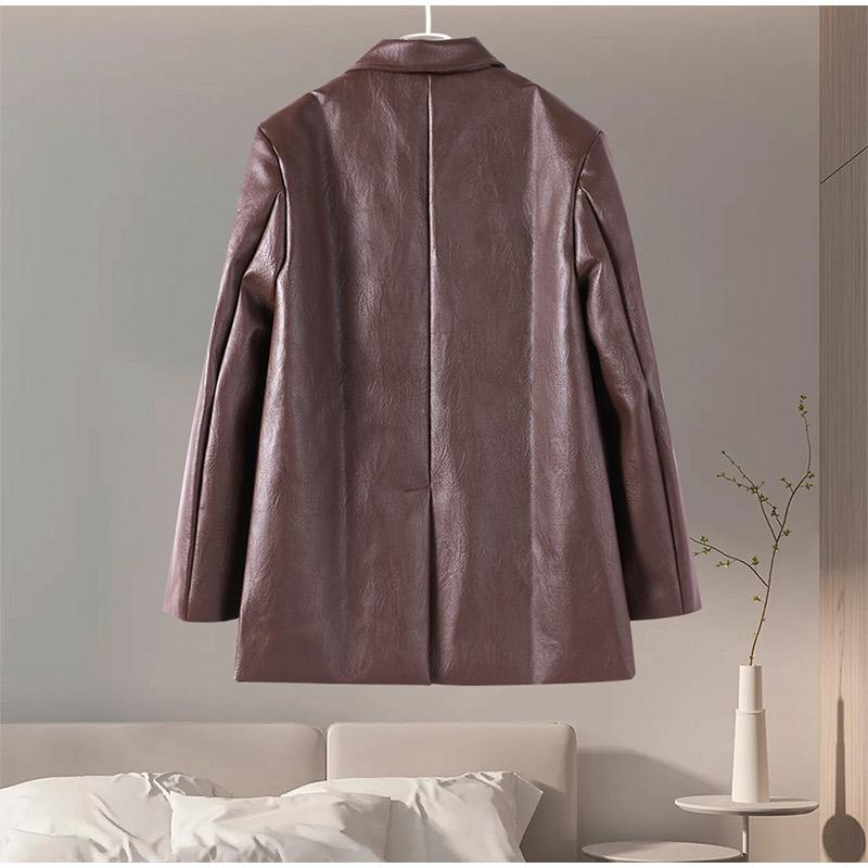 Vintage kožená dámská bunda s rozepínací límec jednořadové bundy Jednobarevné Móda Ženy Kabát Podzim Nové Dámské Kabáty