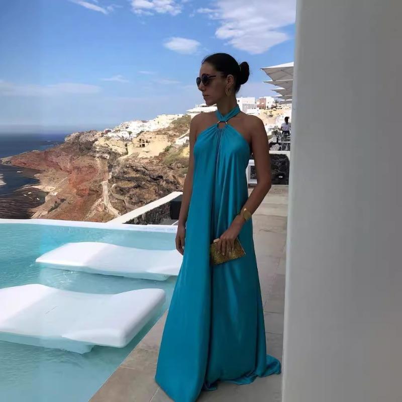 Women's Summer Long Dress Sexy Temperament Sleeveless Loose Satin Women's Halter Dress Fashion Elegant Solid Color A Line Casual Party Dresses