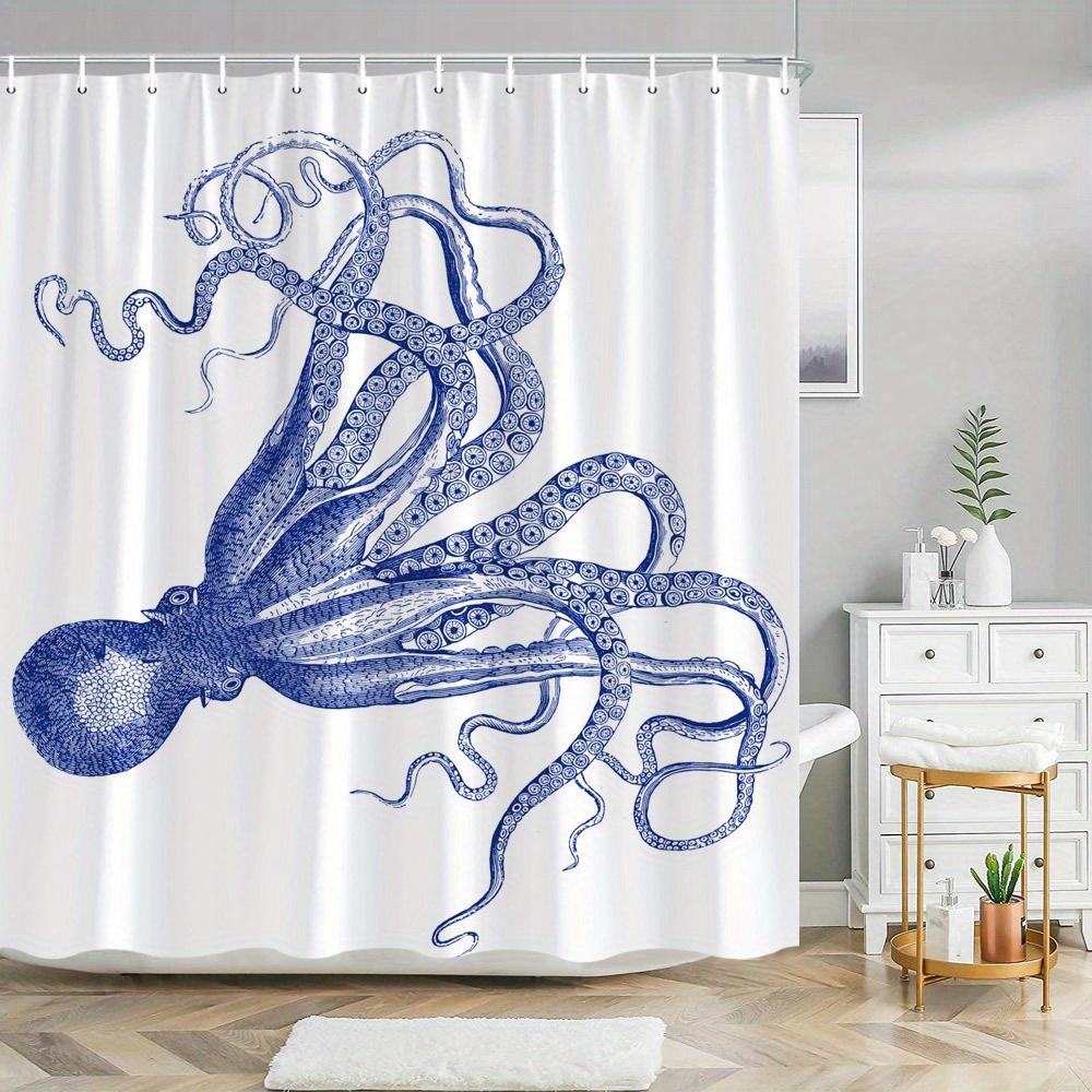 

1pc Realistic Blue Octopus Shower Curtain - Vintage Style Polyester Bathroom Decor with 12 Hooks, 70.8x70.8 Inches, Detailed Ten 90x180cm35x71in