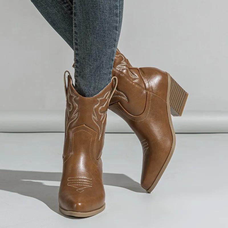 Winter Short Women's Boots High Heels Western Boots Embroidered Thread Thickened Thick Heel Platform Boots Women Shoes