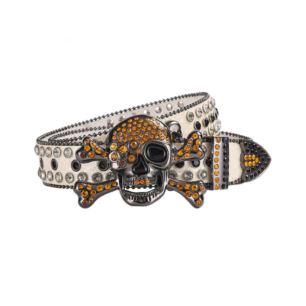Adult Sequins Belt for Disco Party Waist Belt Rhinestones Skull Buckle Thin Waist Belt Street Cultures Enthusiasts Belt
