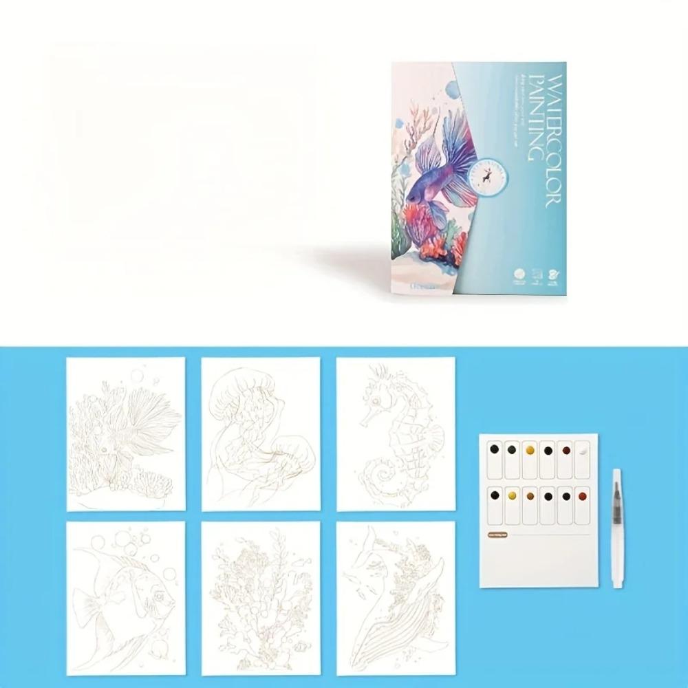 A Set of Creative Watercolor Painting Tools - Adult Coloring Book with Landscape and Floral Patterns