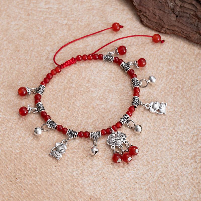 Imitation Red Agate Zodiac Foot ChainRed Rope Bell Hidden Silver Peace Lock Foot Rope Accessory