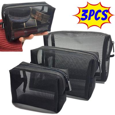 1/3pcs Black Travel Cosmetic Bags Men Women Solid Mesh Small Large Makeup Bag Portable Toiletry Organizer Lipstick Storage Pouch