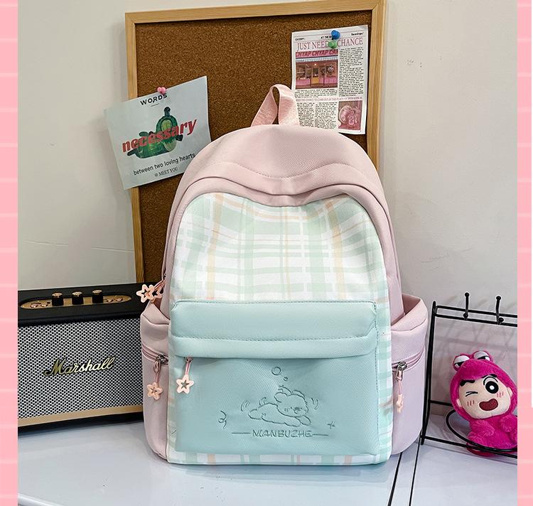 Schoolbag New Japanese plaid schoolbag for women, junior high school students Large capacity, light and wear-resistant cute cartoon backpack