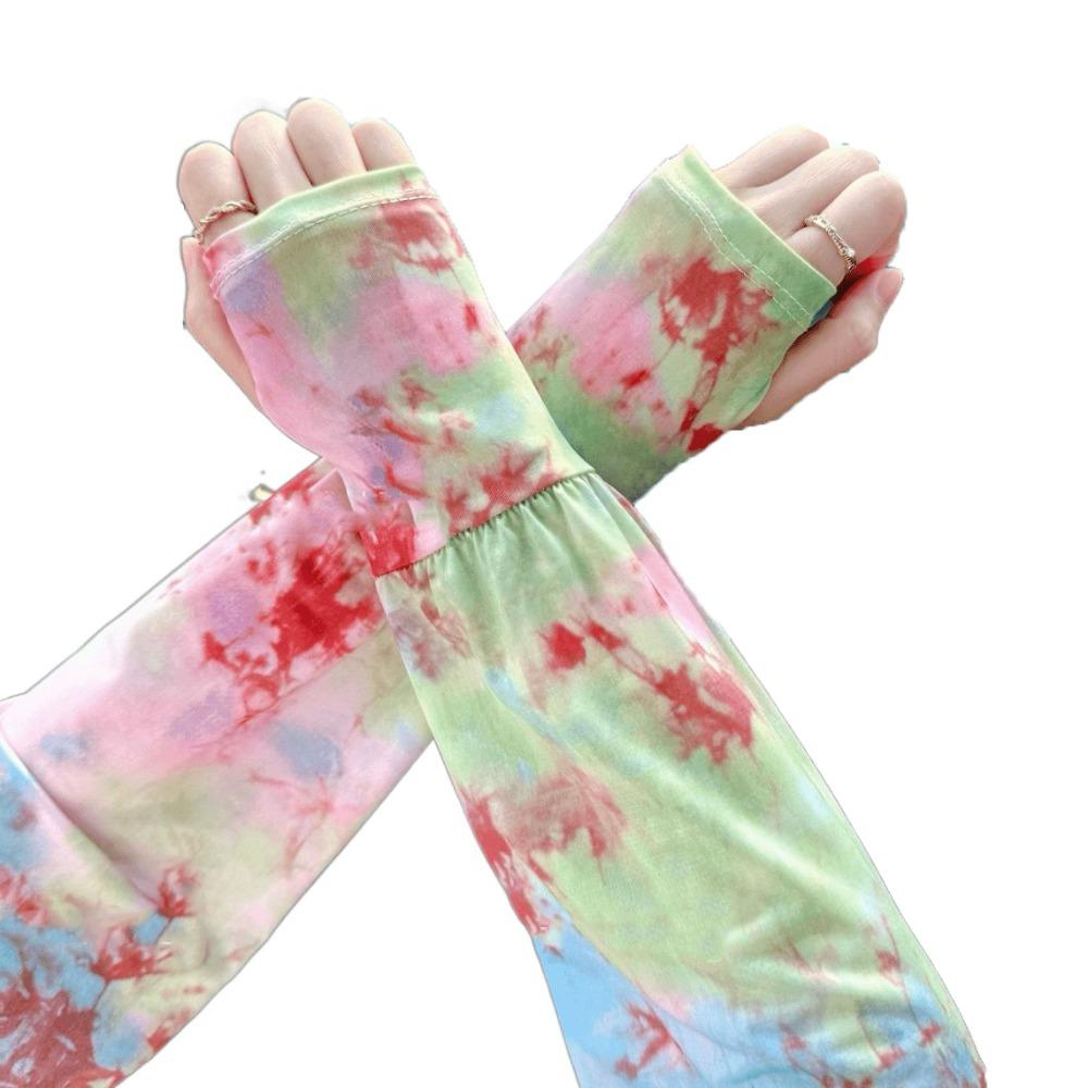 Tie Dyeing Long Ice Silk Sleeves Ethnic Style Cycling Gloves Breathable Sunscreen Arm Covers  Women