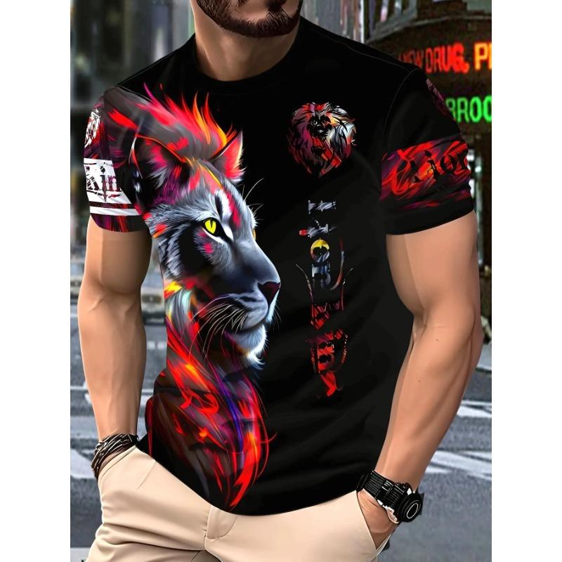 Men's Flame Lion 3D Printed T-Shirt Cool Red Fire Animal King Graphic Tee Vintage Short Sleeve Crewneck Top Hip Hop Style Streetwear Fashion Apparel