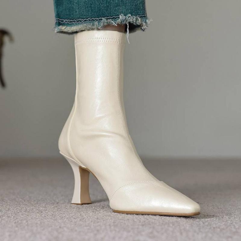 Neue, hochhackige Damenstiefel in großen Größen, mit Reißverschluss hinten, weicher Sohle aus Rindersehnenmaterial, komfortablem Reißverschluss hinten, einfarbigem, vielseitigem Stiletto-Stiefel mit mittelhohem Absatz.