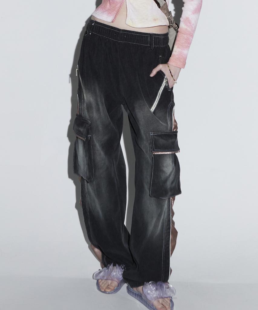 Aleseuseussi Wrinkle Mixed Cargo Denim Pants - Bk