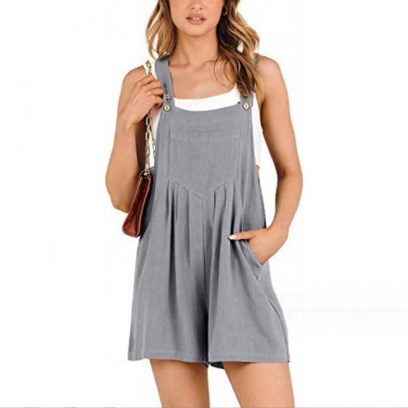Women's Cotton Linen Pocketed Wide-Leg Jumpsuit Shorts 2023