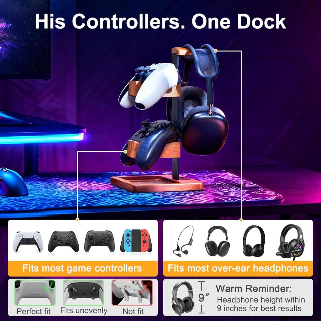 Supporto in Legno Massiccio per Controller e Cuffie, Rack Organizzatore Doppio per Controller, Adatto a , Gamepad, Supporto per Cuffie per Figlio, Marito, Fidanzato