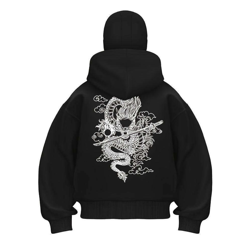 Women'S Stylish Dragon Print Hoodie - Black Zip-Up Hooded Sweatshirt with Pockets, Casual Sporty