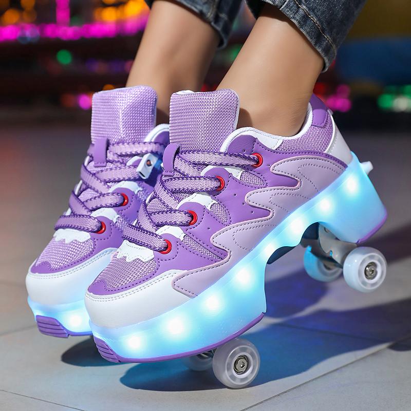 Kids Roller Roller Shoes 4-wheel Deformation Shoes Roller Skates Adult Rechargeable LuminousSkating Shoes