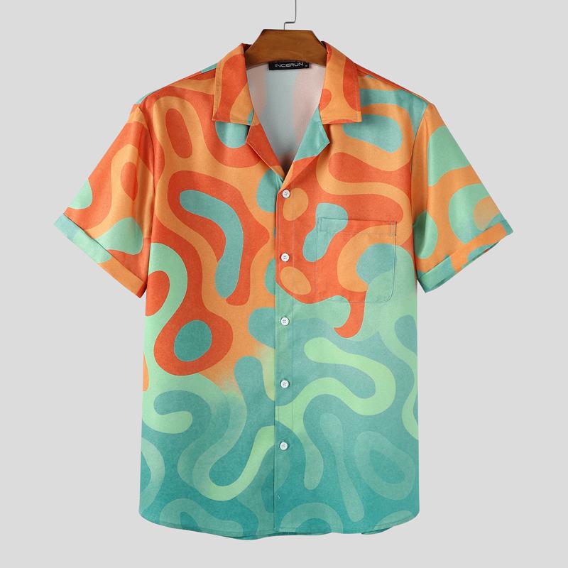 

INCERUN Летние мужские рубашки с коротким рукавом, с принтом, повседневные, свободного кроя