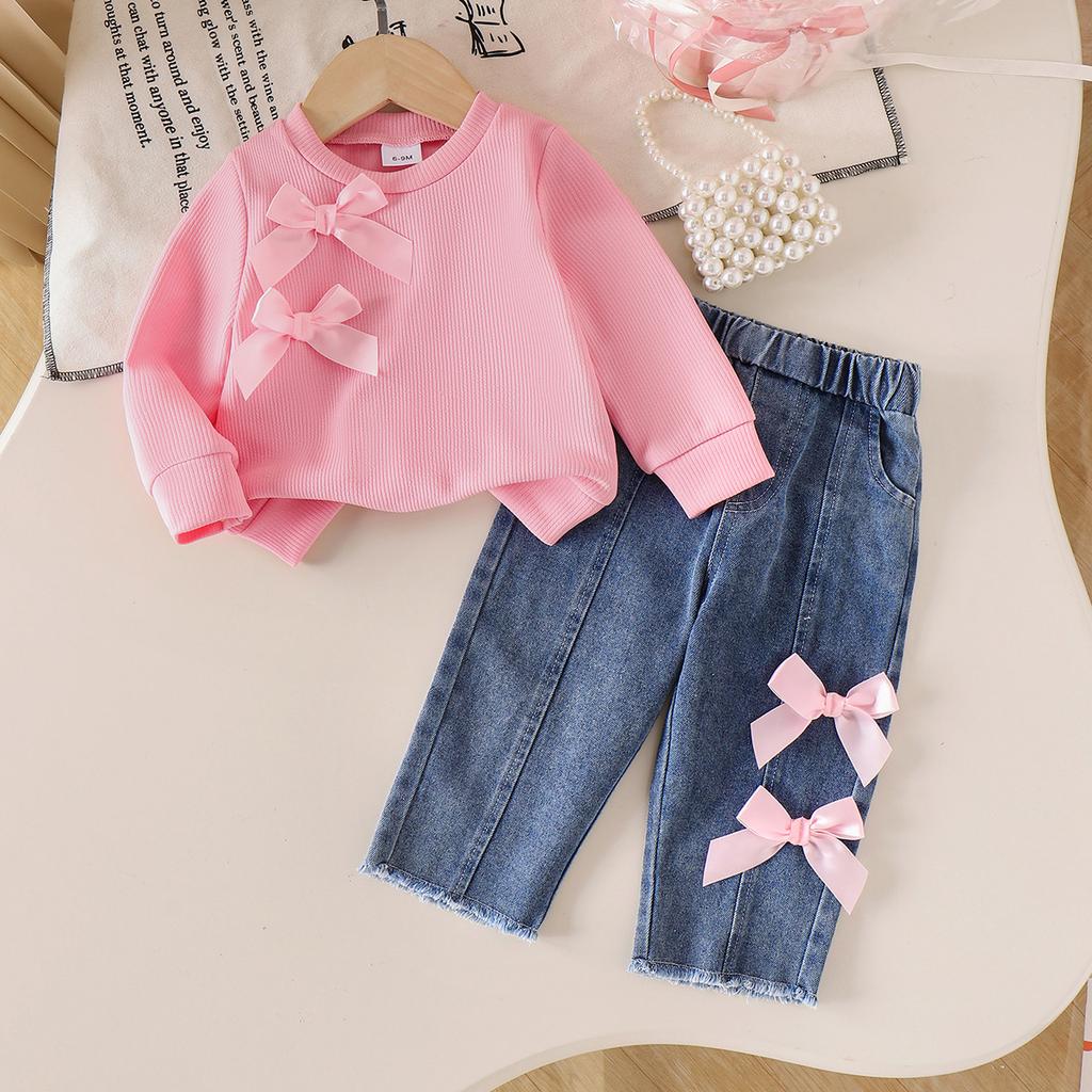 New Pink Long-sleeved Bow Pit Striped Pullover Sweatshirt + Washed Jeans Set