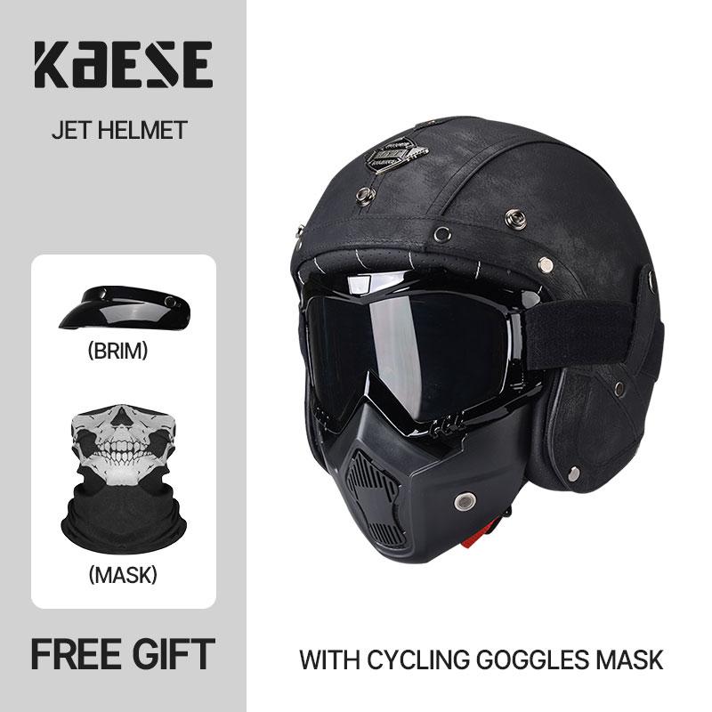 

Newest Black Leather Open Face Motorcycle Helmet With Mask Scooter Riding Caque Classic Electric Motorbike Jet Cascos Para Moto XXL