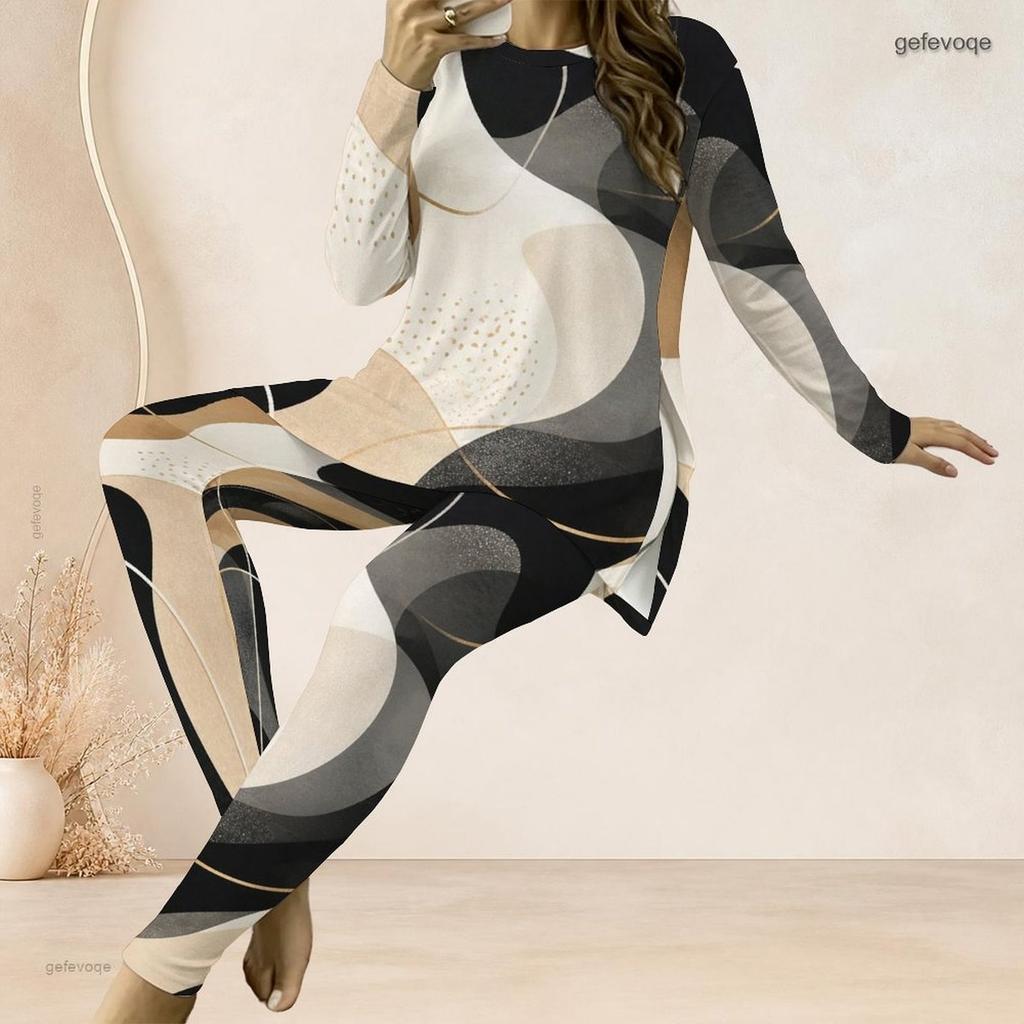 Women Plus Size Printed Two Piece Set Round Neck Long Sleeve Longline Top And Fitted Pants