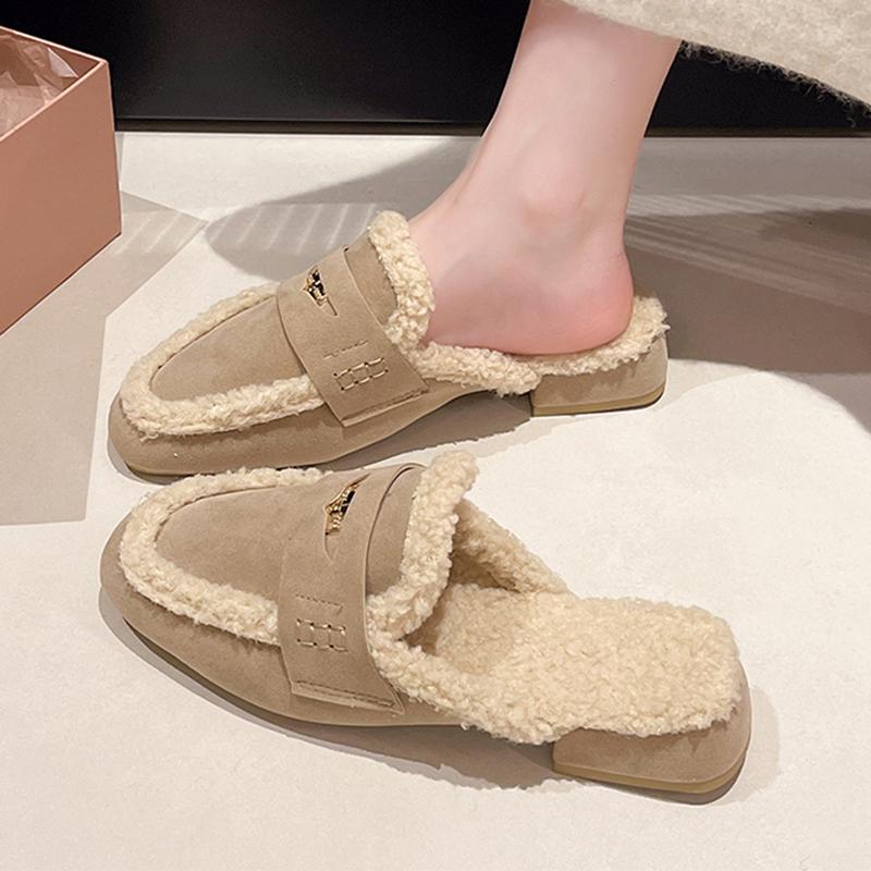 Autumn Women's Shoes New Thickened Plush Warm Mules Retro Faux Suede Moccasin Metal Coins Penny Loafers Fashion Fleeces Slippers