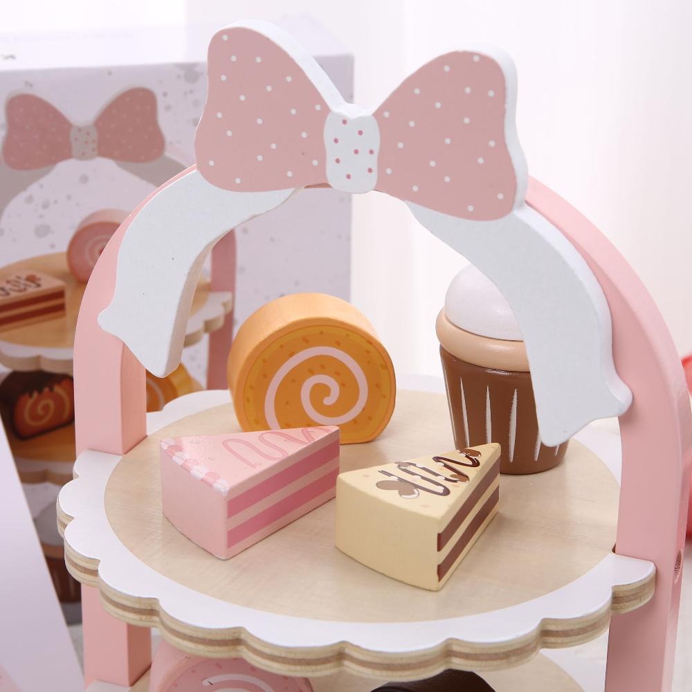 Children's Wooden Simulated Pink Dessert Stand Pretend Play Toy for Cakes, Pastries and Afternoon Tea
