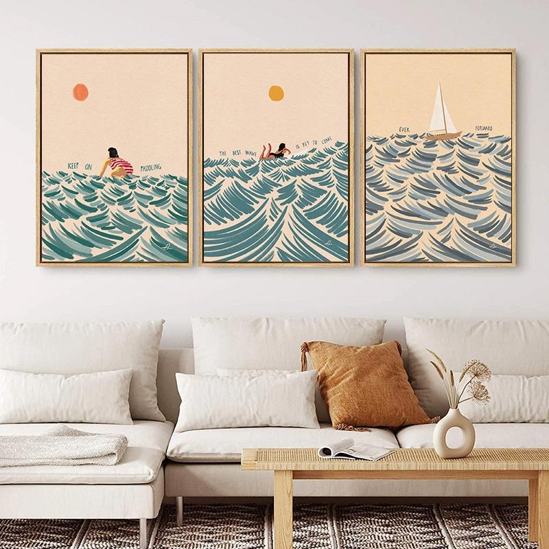 Nordic Minimalistic Art Surfing Paddling Swimming Sea Wave Print Poster Canvas Painting Abstract Wall Art for Room Home Decor