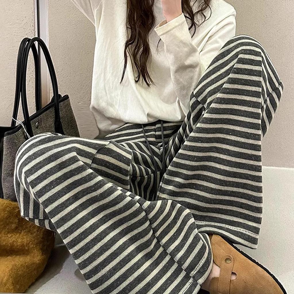 2025 Women's Retro Striped Korean-Style Wide-Leg Pants for Spring & Autumn