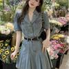 French Style Slim Denim Dress with Pleated Skirt & Belt