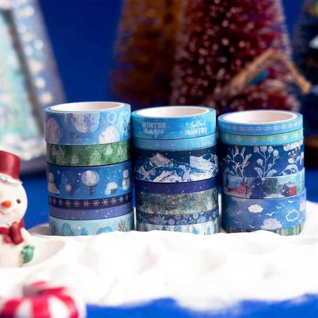 YUBX Winter Masking Tape Blue Washi Snow Silver Foil Narrow for DIY Gift Decoration Narrow 19-Piece Set, Tape, Pattern, Stamping, Strips, Crafts,