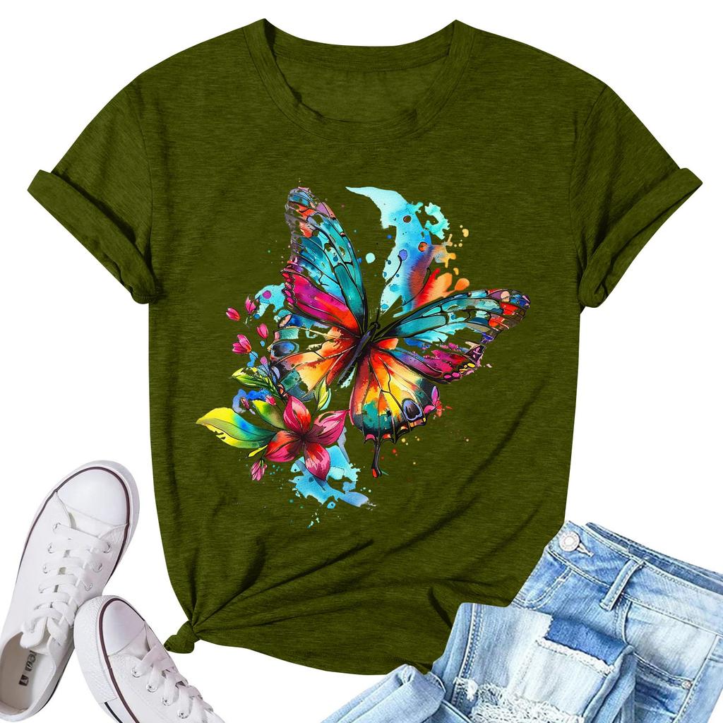 Women's Fashion Printed Casual Pleated Round Short Sleeve T-Shirt Top