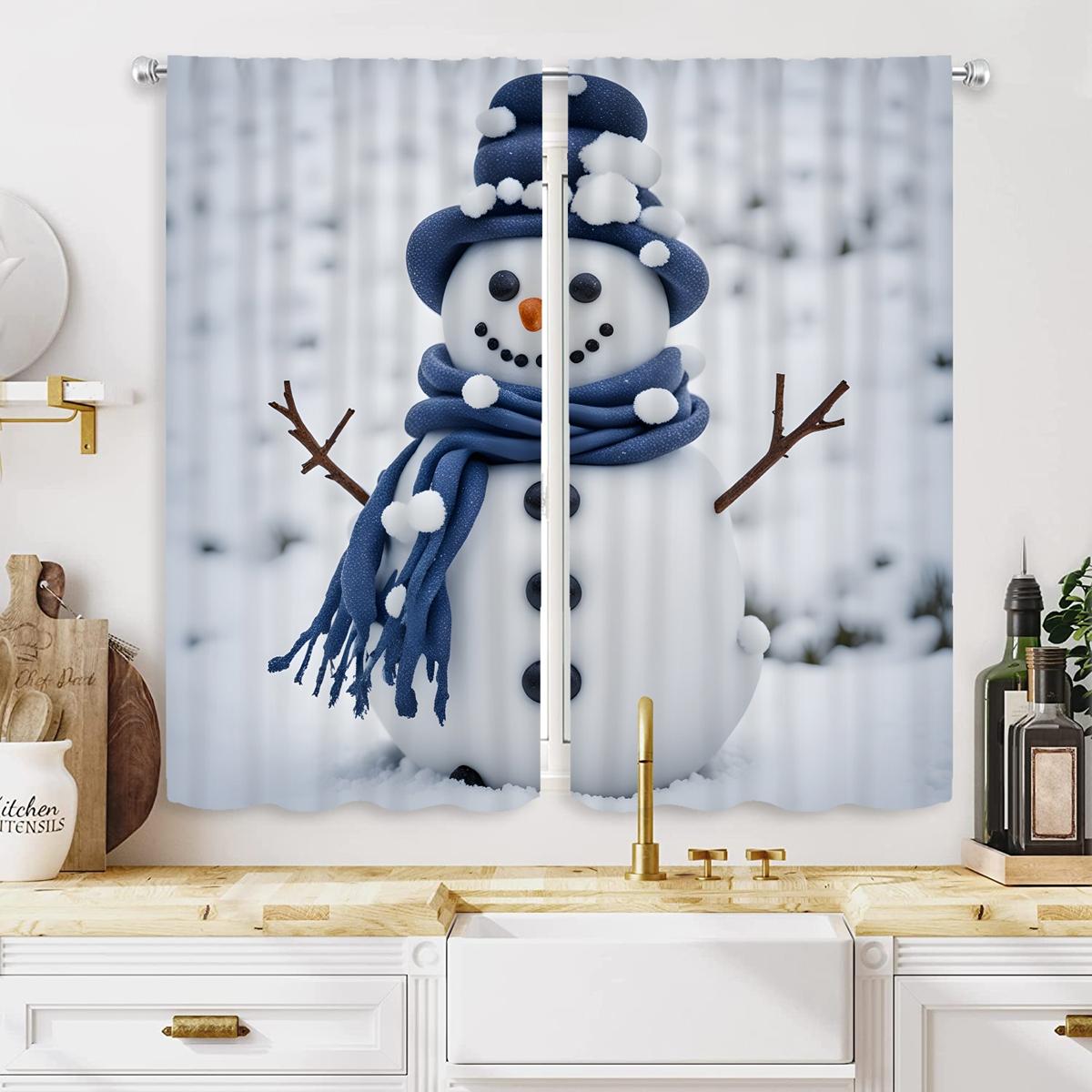 

2 шт. HD Рождественская синяя декоративная занавеска со снеговиком Белая занавеска с цифровой печатью Украшение для дома Стиль Украшение для гостиной r W52H63inchW132H160cm