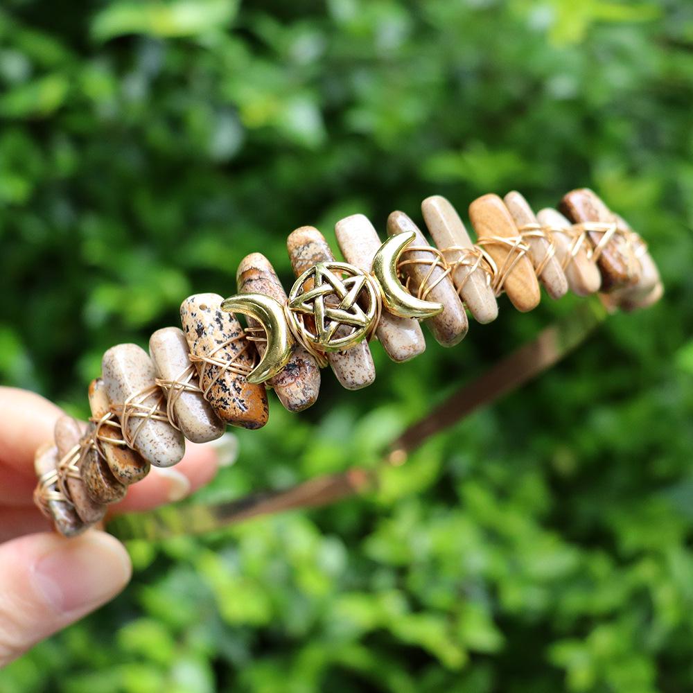 Rose Gold Wire-Cut Stone Crown Headband with Sun & Moon Design