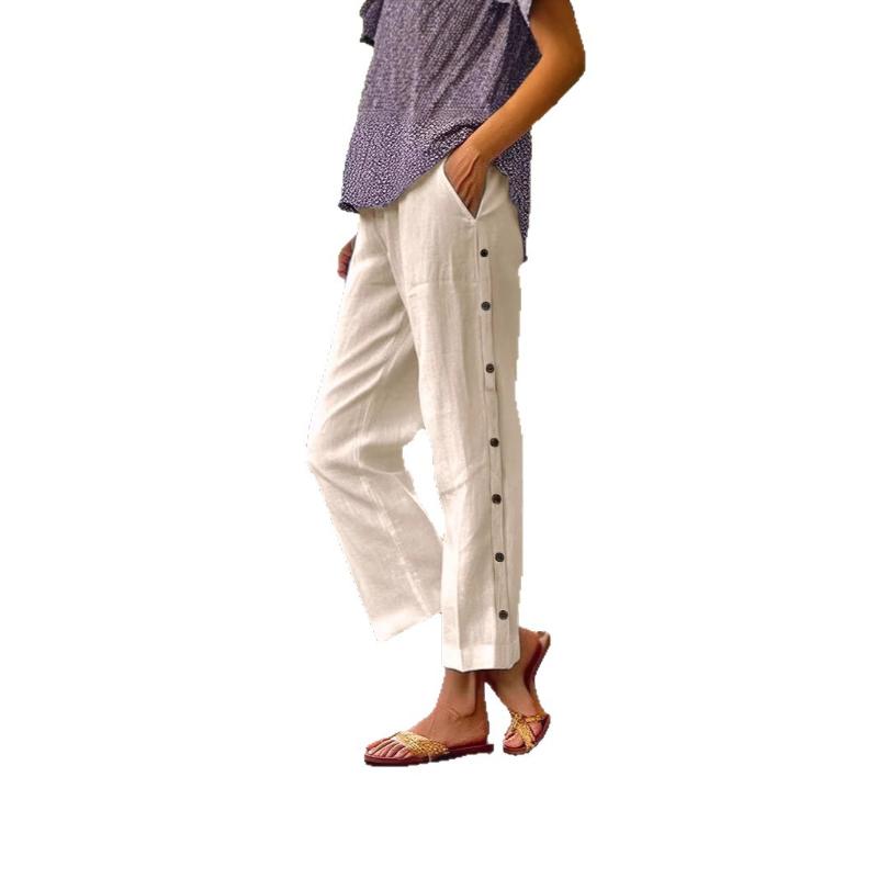 Women's New Breathable Cropped Pants Decorative Buckle Side Pocket High Waist Loose Casual Pants