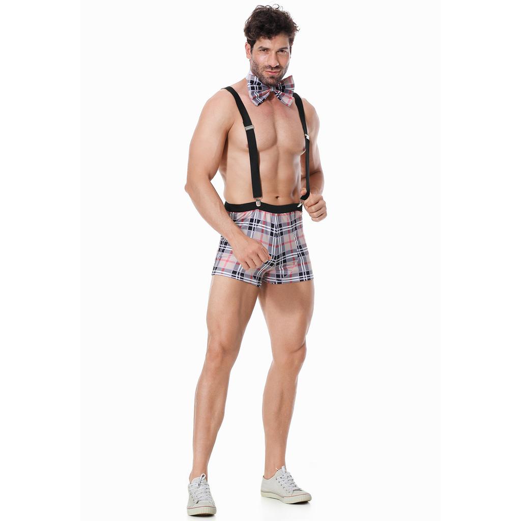 Men's fun plaid suspenders, sex underwear, funny role-playing anti-string male student uniform