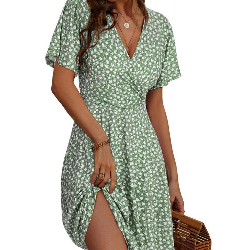 Womens Sundress Summer Floral Short Sleeve Wrap V Neck A-Line Midi Dress