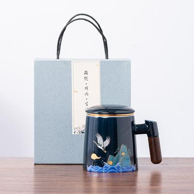 Ceramic Tea Cup with Lid Tea Separation Cup Filter Water Cup Creative Wooden Handle Cup Office Cup Gift Cup Guochao