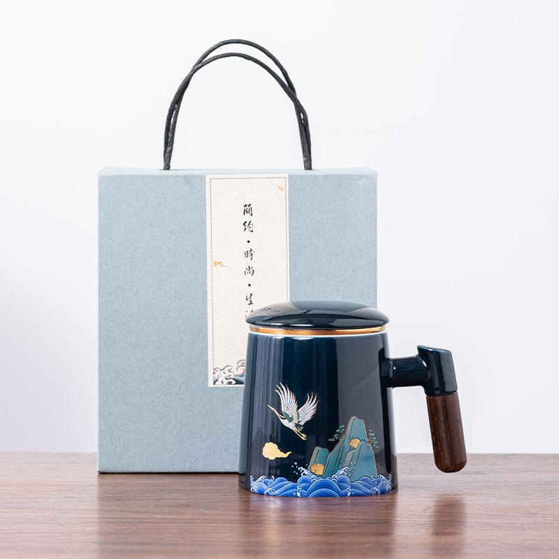 Ceramic tea cup with lid tea separation cup filter water cup creative wooden handle cup office cup gift cup Guochao