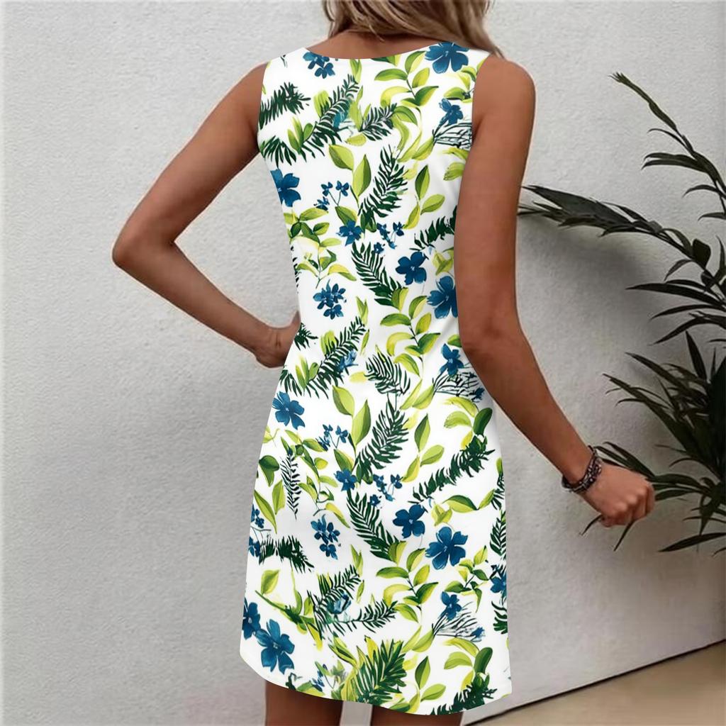 Robe d'été décontractée à fleurs pour femme, col rond, sans manches