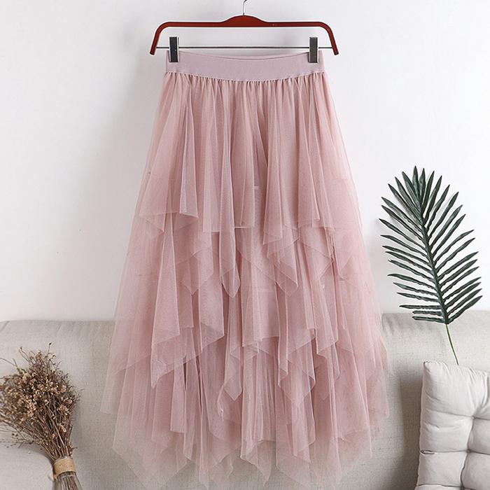 Women Spring Fall High Waist All Match Multi-Layer Color Matching Mesh A Line Skirt