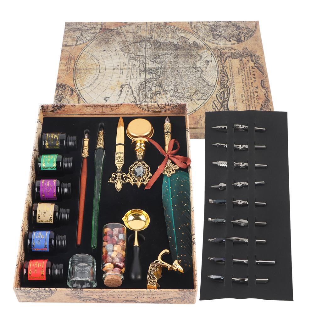 Feather Pen Set European Style British Retro Lacquer Stamp Dipped In Water Quill Pen Set with InkDark Green