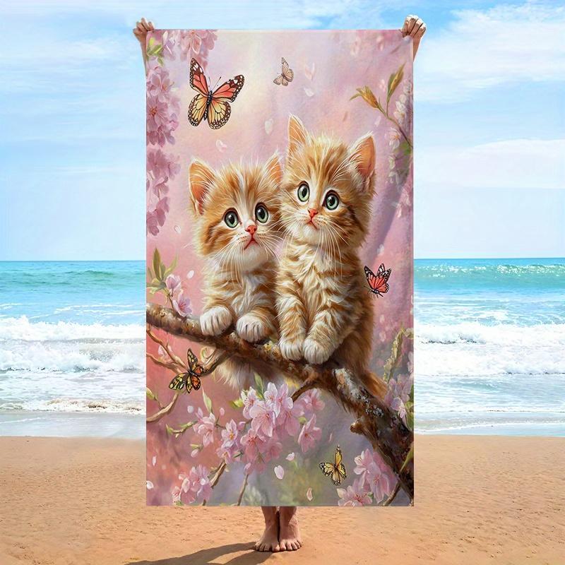

Spring Flower Cat Beach Towel Kitten Butterfly Floral Print Microfiber Soft Bath Towel for Swimming Travel Camping Sport W30*H60(CM)