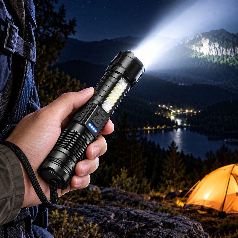 Red Blue Warning Light LED Flashlight USB C Charging Zoomable Flashlight  Outdoor Camping