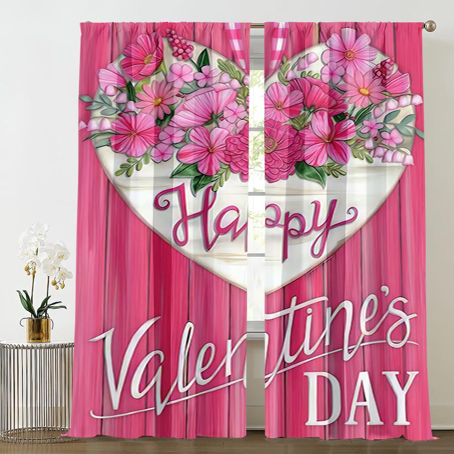 2PCS Pink Valentine's Day Theme Curtains   Romantic Style   Bedroom Living Room   Drawbar Pocket Decorative Curtains