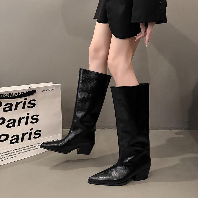 Fashion Winter Thick Heel Pointed Toe Woman Knee-High Boots Ladies Elegant Slip On Long Booties botas de inverno feminina 2025