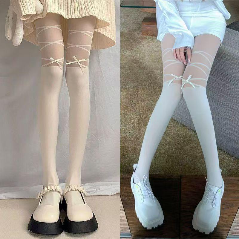 Spring/Summer Women's Japanese Sweet Lolita White Silk Tights with Black Faux Thigh Highs