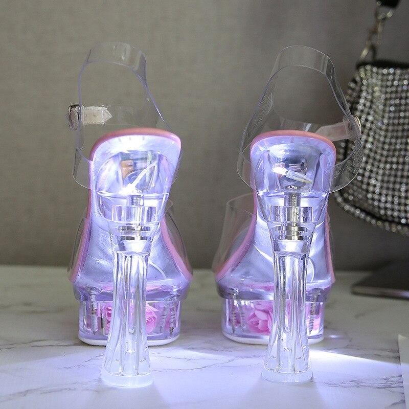 Damensandalen, 14 cm hoher Absatz, sexy transparente Blume, leuchtender Kristall, dicker Absatz, 10365-Serie, 14 cm LFD