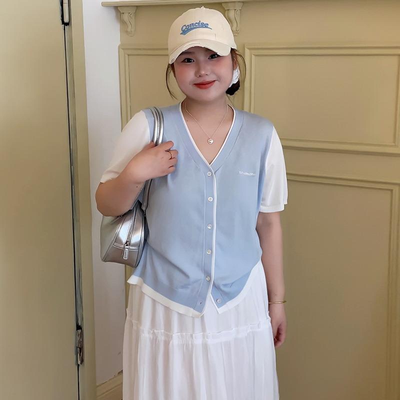 Women's Color-blocking Top Women's Embroidered Knitted Sweater Short-sleeved Cardigan