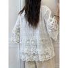 Damen Sommer Spitze Stickerei Bluse Boho Stil V-Ausschnitt Rüschen 3/4 Ärmel Top