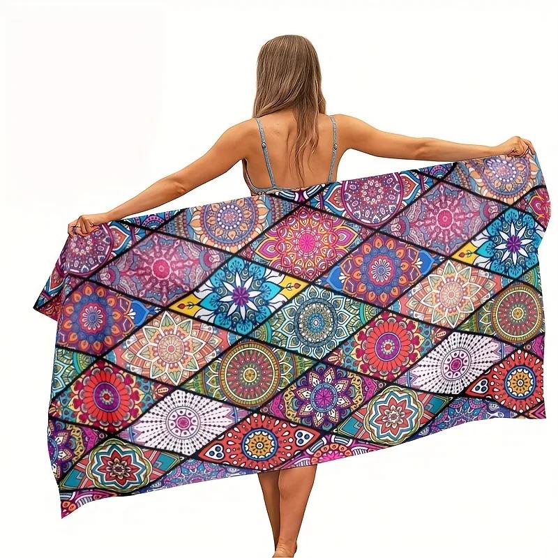 Mandala Printed Pattern Beach Towel Absorbent Large Bath Towel Suitable for Outdoor Sports Swimming Gym Yoga Mat
