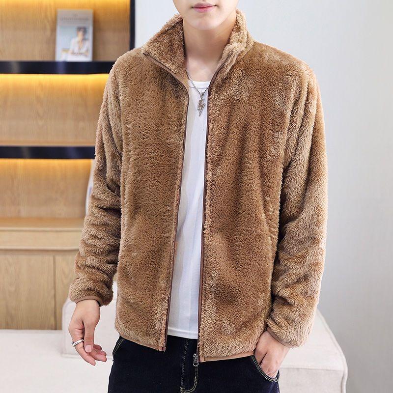 Jacket Men's Loose Autumn Winter Clothing Youth Stand-up Collar Double-sided Velvet Jacket Solid Color Polar Fleece Top
