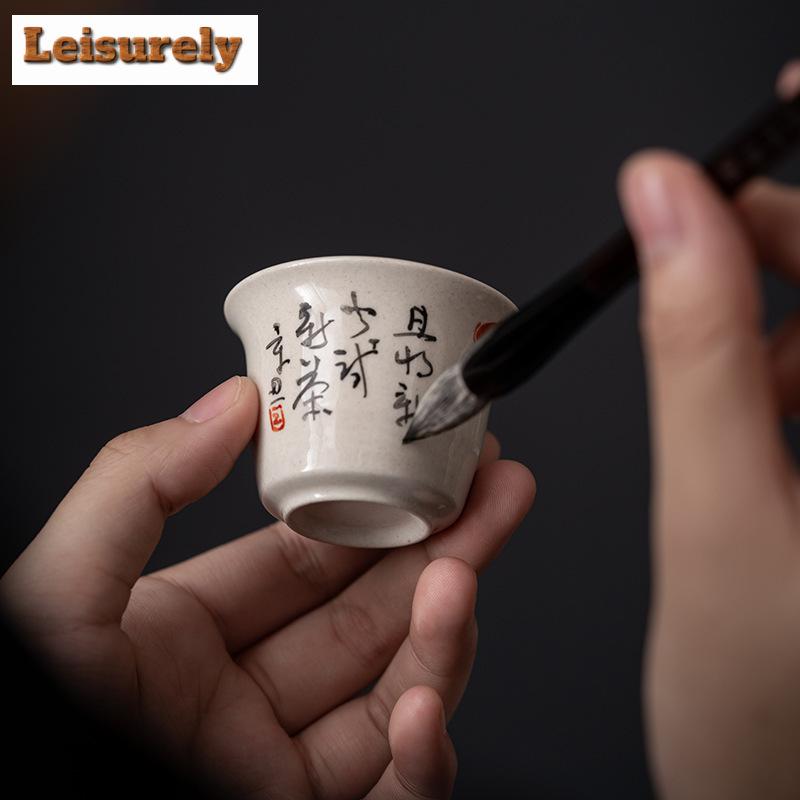 40ml Hand Painted Goldfish Tea Cups Grass Wood Gray Glazed Tasting Fragrant Cup Ceramic Msater Cup Meditation Cup Kung Fu Teaset