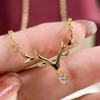 Symmetric Deer Antler Single Dangling Round Stone Pendant Women Cable Chain Clavicle Necklace